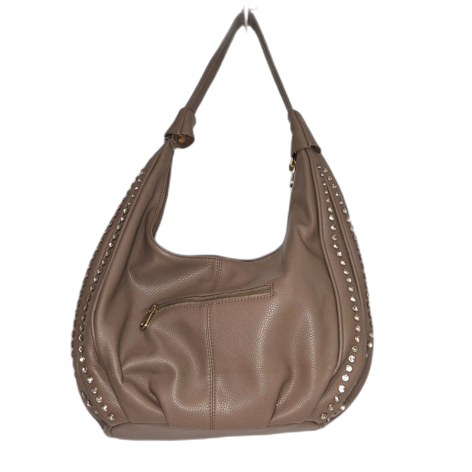 Rhinestone Pebble Grain Slouchy Hobo Bag | Large Shoulder Purse | Taupe Brown